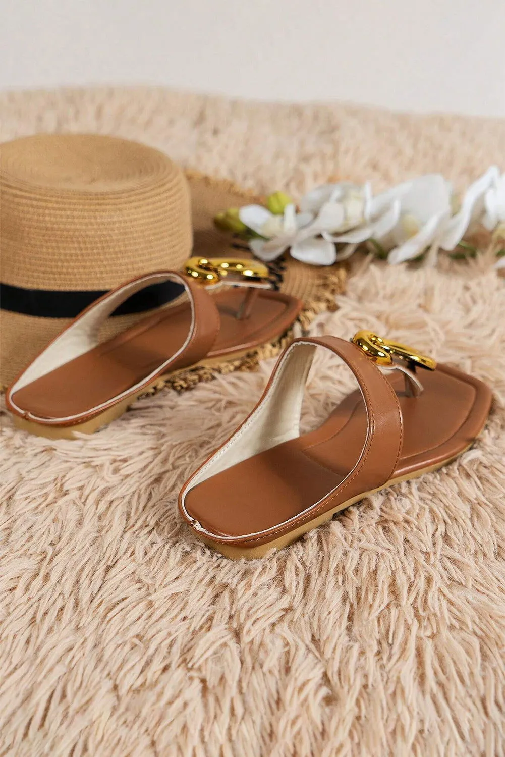 Brown Metal Rings Decor Square Toe Flat Slides Shoes