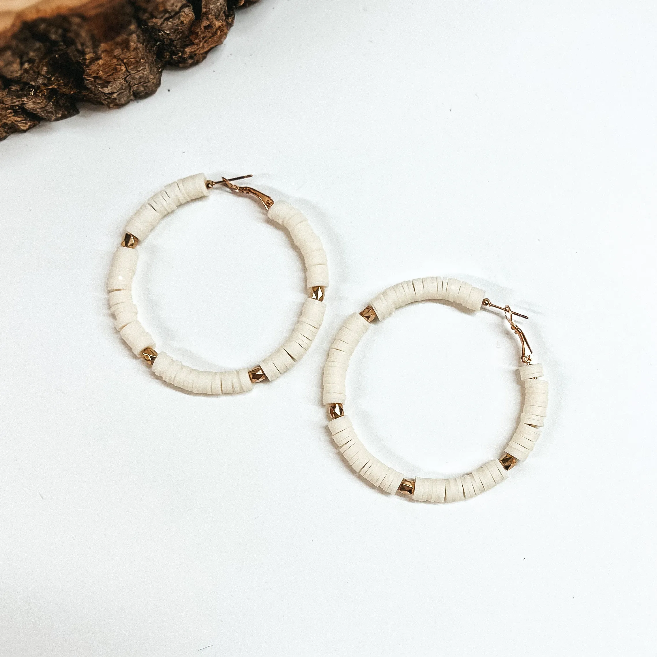 Buy 3 for $10 | Disc Bead Hoop Earrings with Gold Tone Detailing