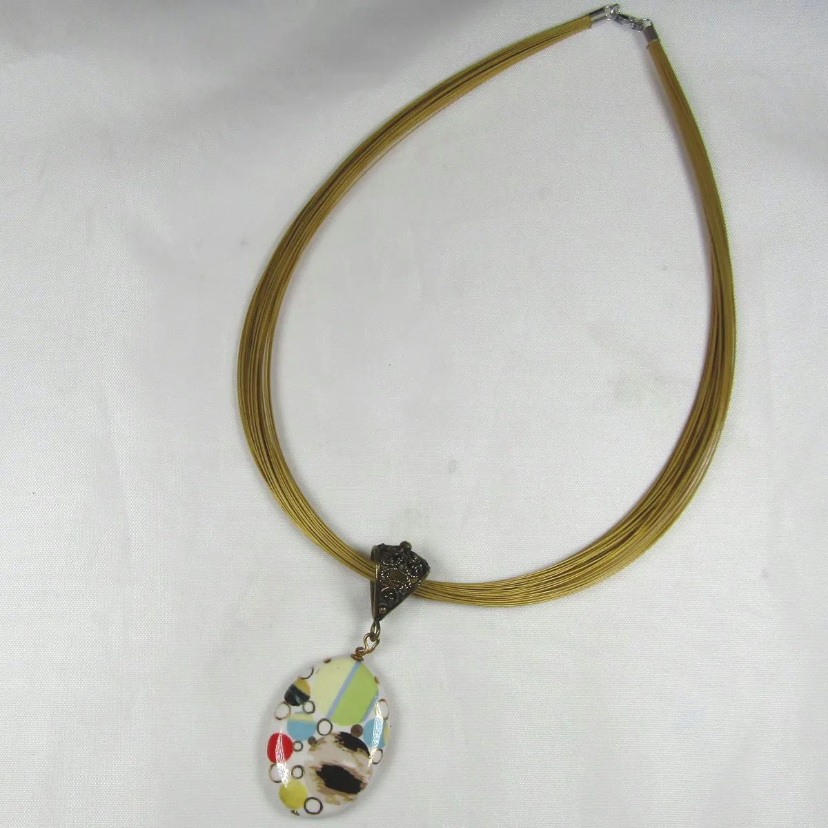 Ceramic Porcelain Oval Pendant  on Multi Strand Necklace