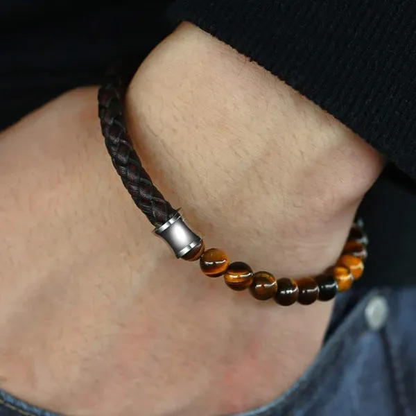 Classy Men Brown Leather Beaded Bracelet