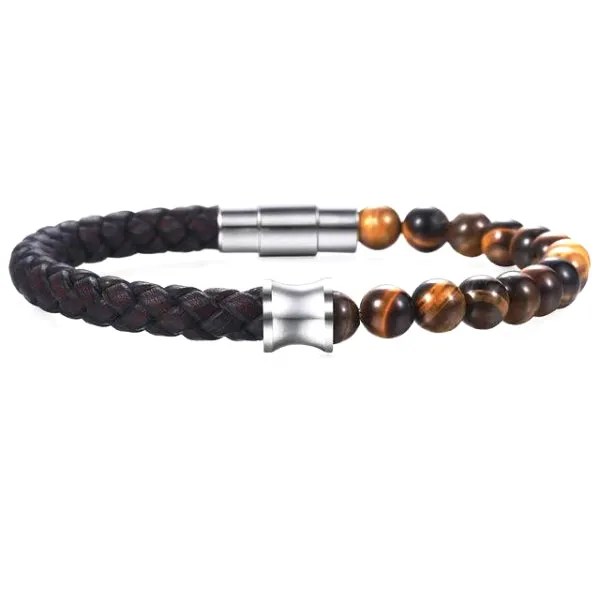 Classy Men Brown Leather Beaded Bracelet