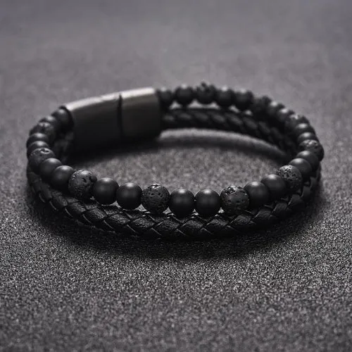 Classy Men Burnt Black Dual Beaded Leather Bracelet