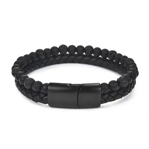 Classy Men Burnt Black Dual Beaded Leather Bracelet