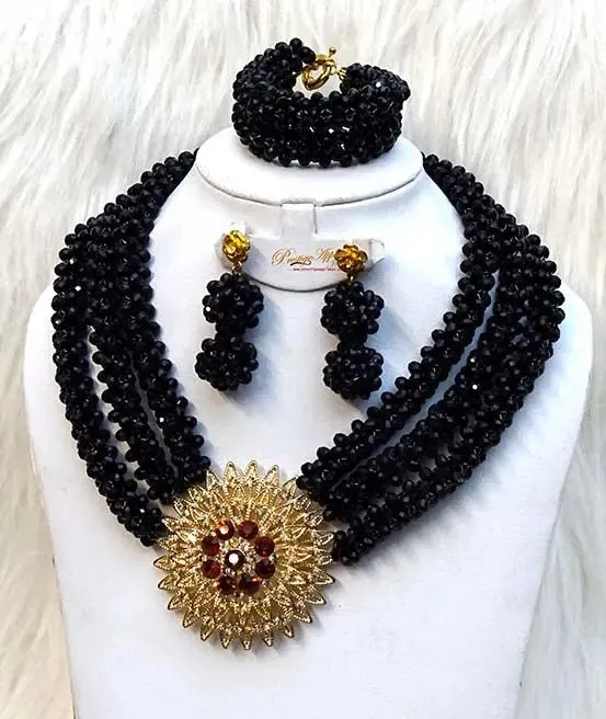 Clearance Sales 3 Layers Black Bridal Party Necklace Jewellery Set