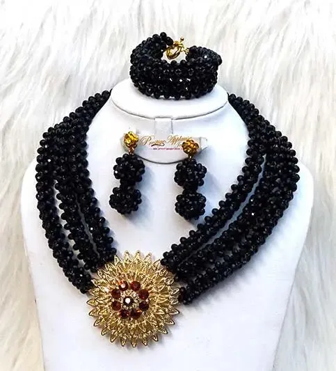 Clearance Sales 3 Layers Black Bridal Party Necklace Jewellery Set