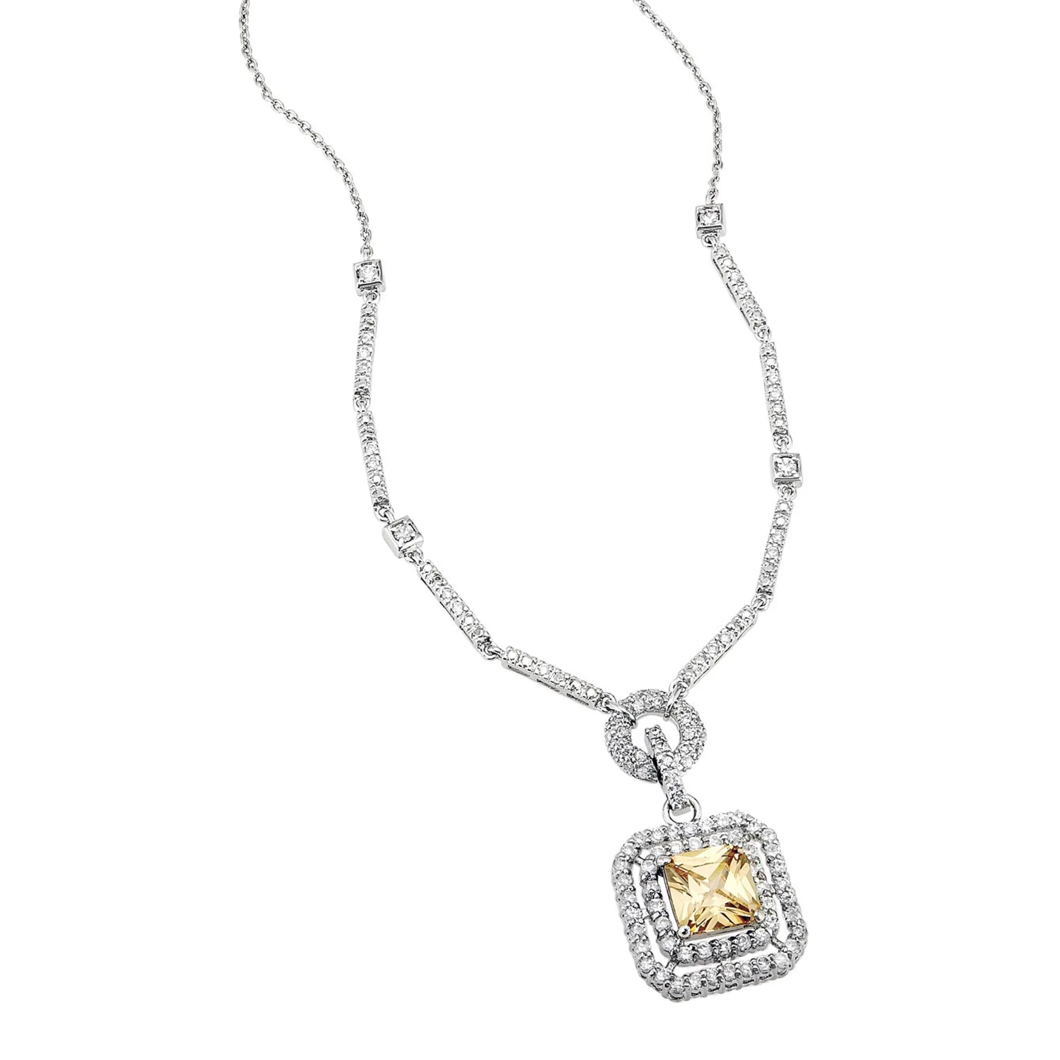 Collette Z Sterling Silver Champagne and White Cubic Zirconia Square Drop Necklace