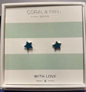 Coral & Mint Petrol Blue Enamel Star Studs