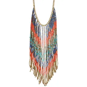 Coral, Blue & Turquoise Fringe Necklace