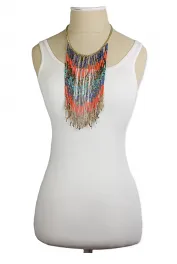 Coral, Blue & Turquoise Fringe Necklace