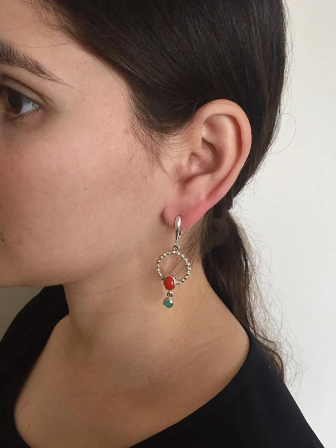 Coral Earrings - Long Dangling Earrings - Natural Emerald Earrings