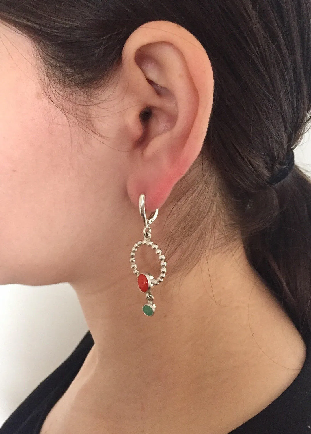 Coral Earrings - Long Dangling Earrings - Natural Emerald Earrings