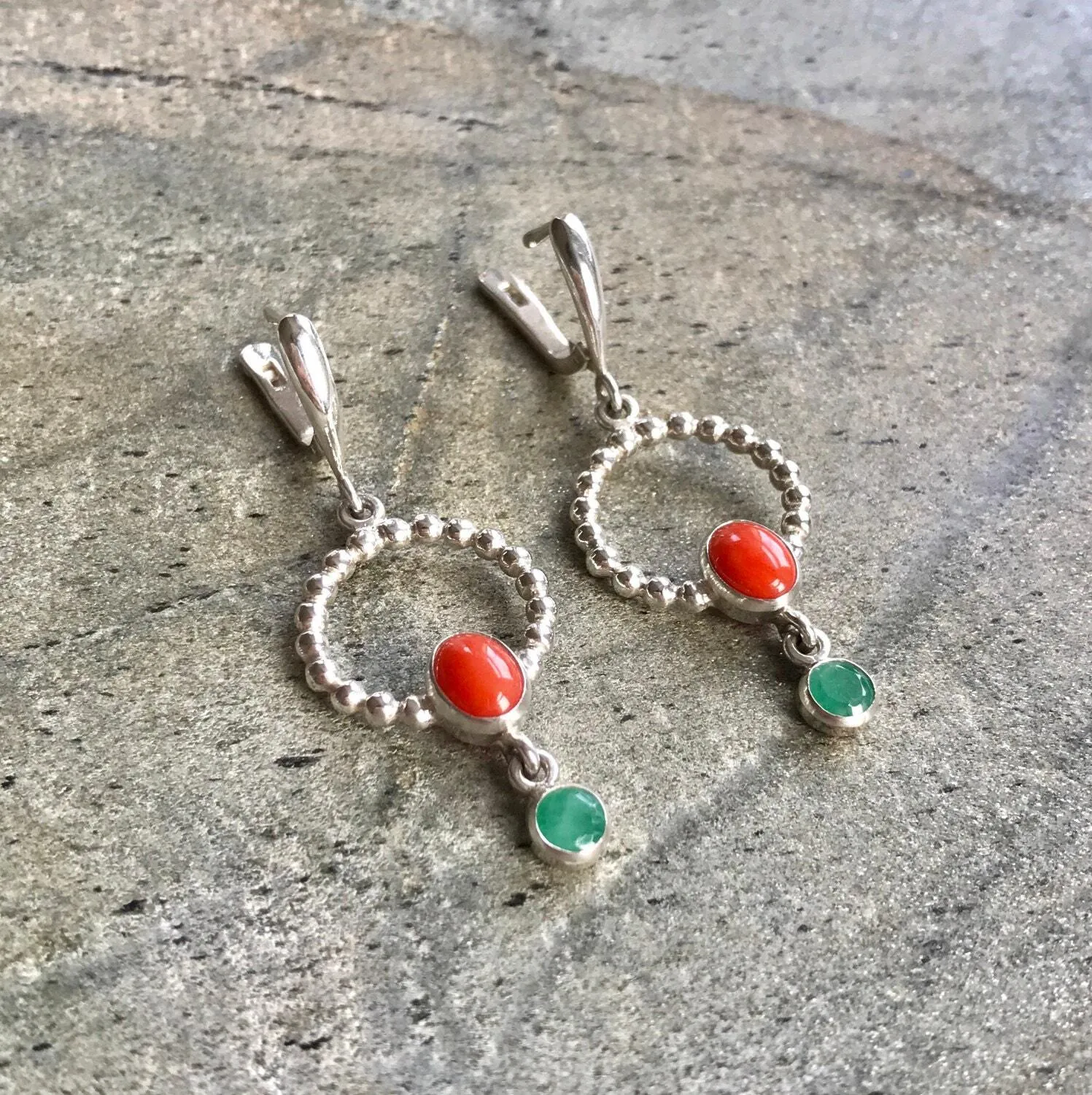 Coral Earrings - Long Dangling Earrings - Natural Emerald Earrings