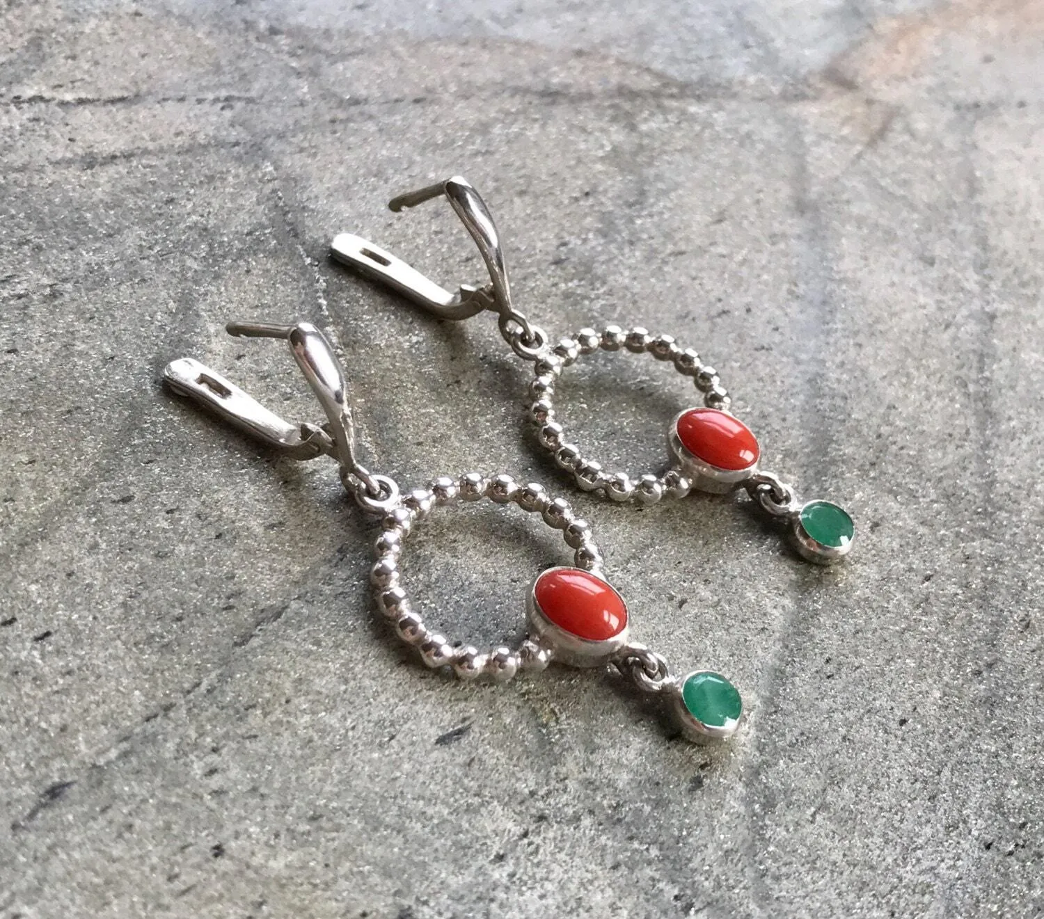 Coral Earrings - Long Dangling Earrings - Natural Emerald Earrings