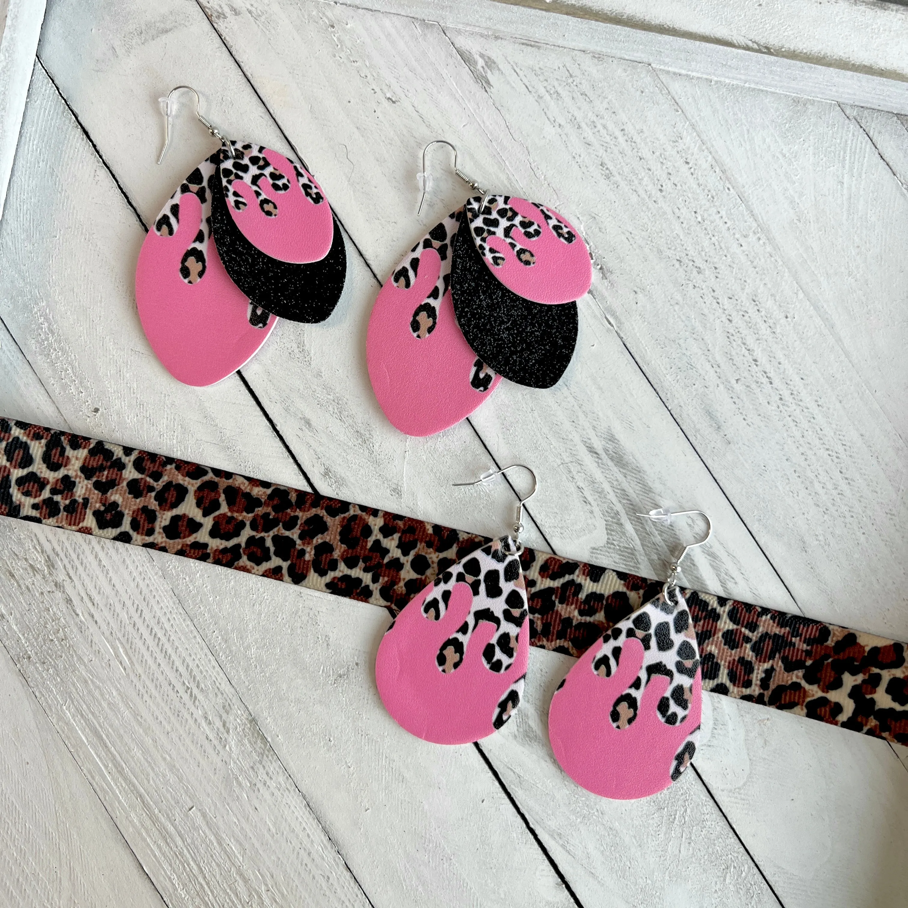 Coral Leopard Drip Faux Leather Teardrop Ear Bling Two Styles Available