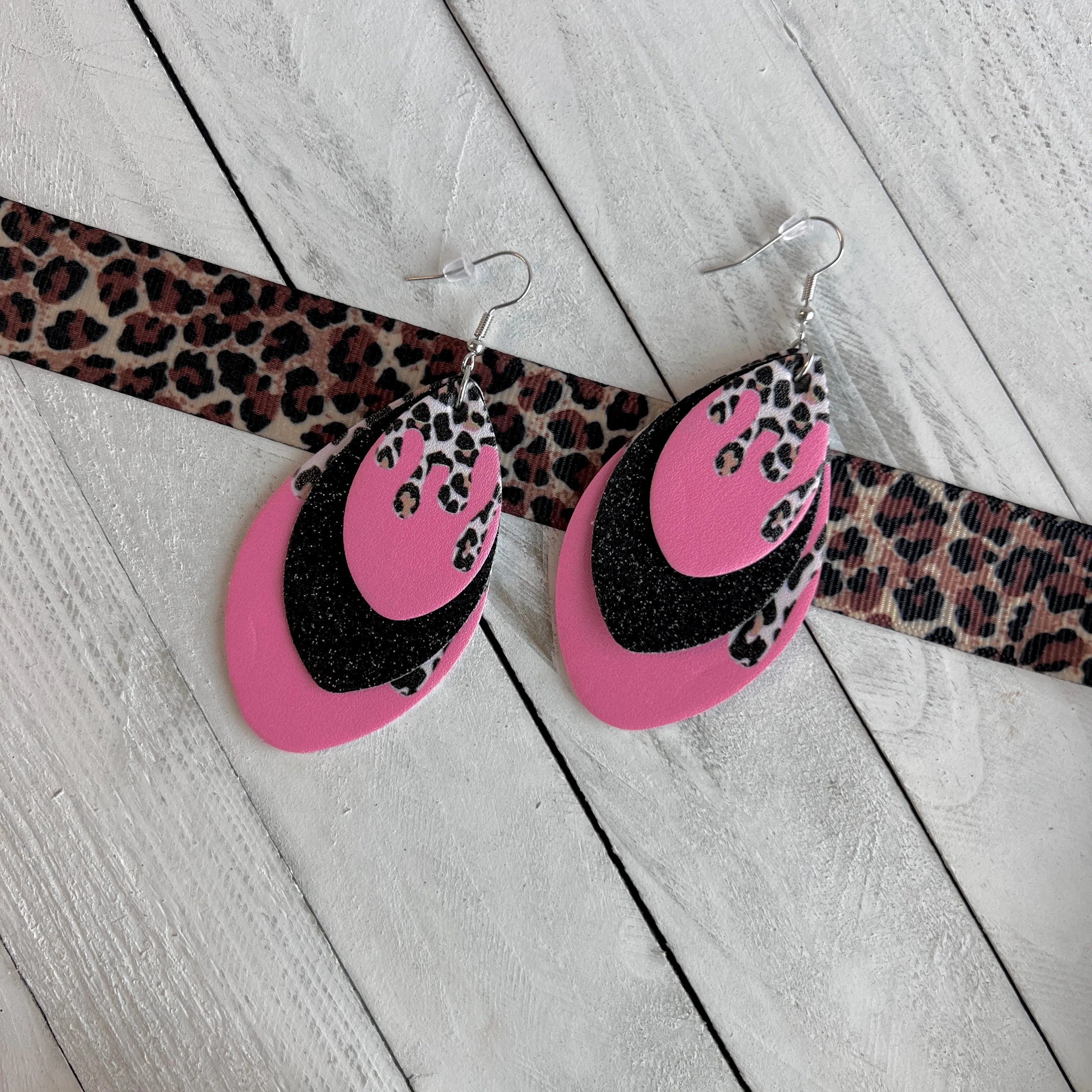 Coral Leopard Drip Faux Leather Teardrop Ear Bling Two Styles Available