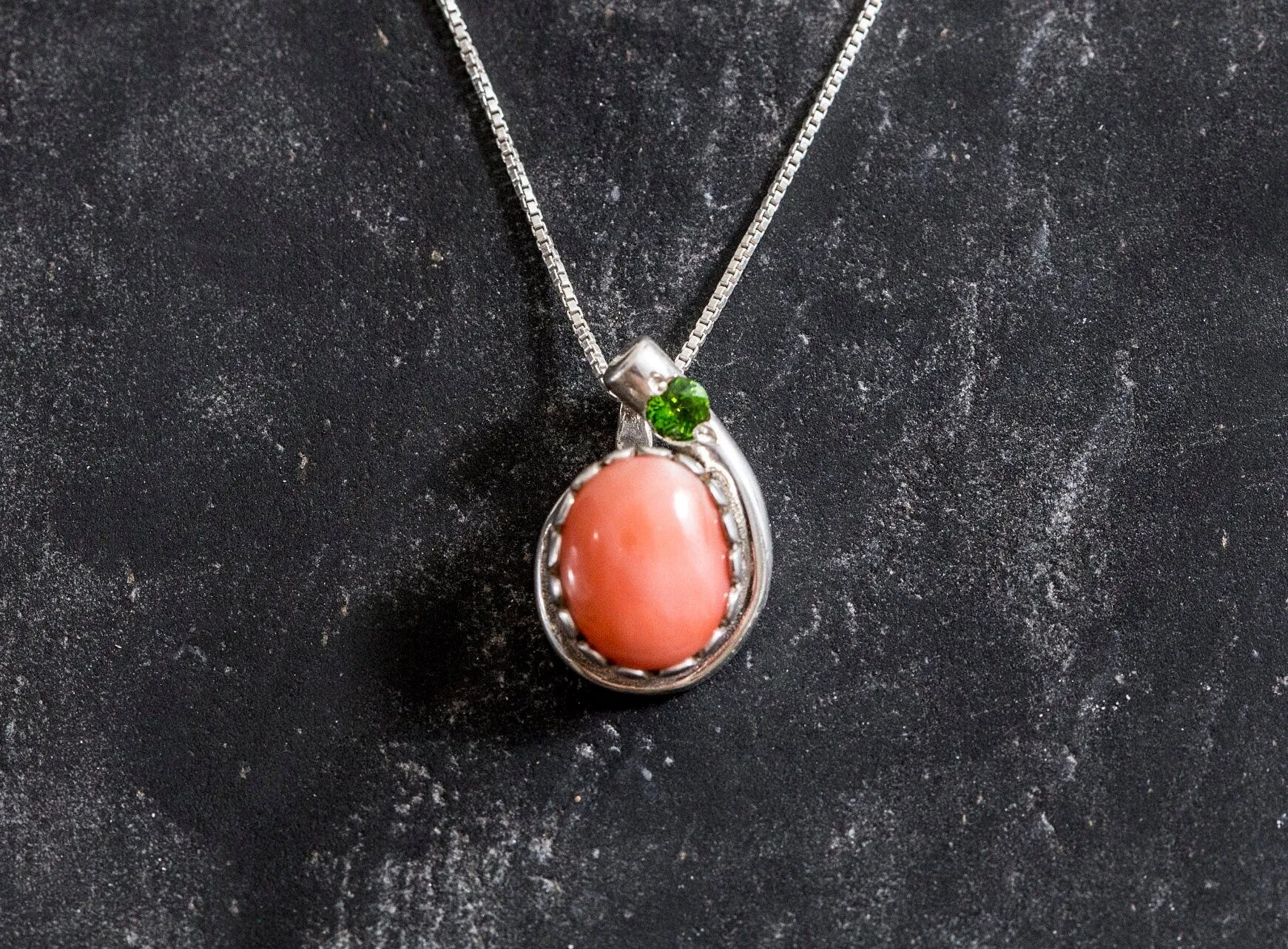 Coral Necklace - Angel Skin Coral Necklace - Chrome Diopside Pendant