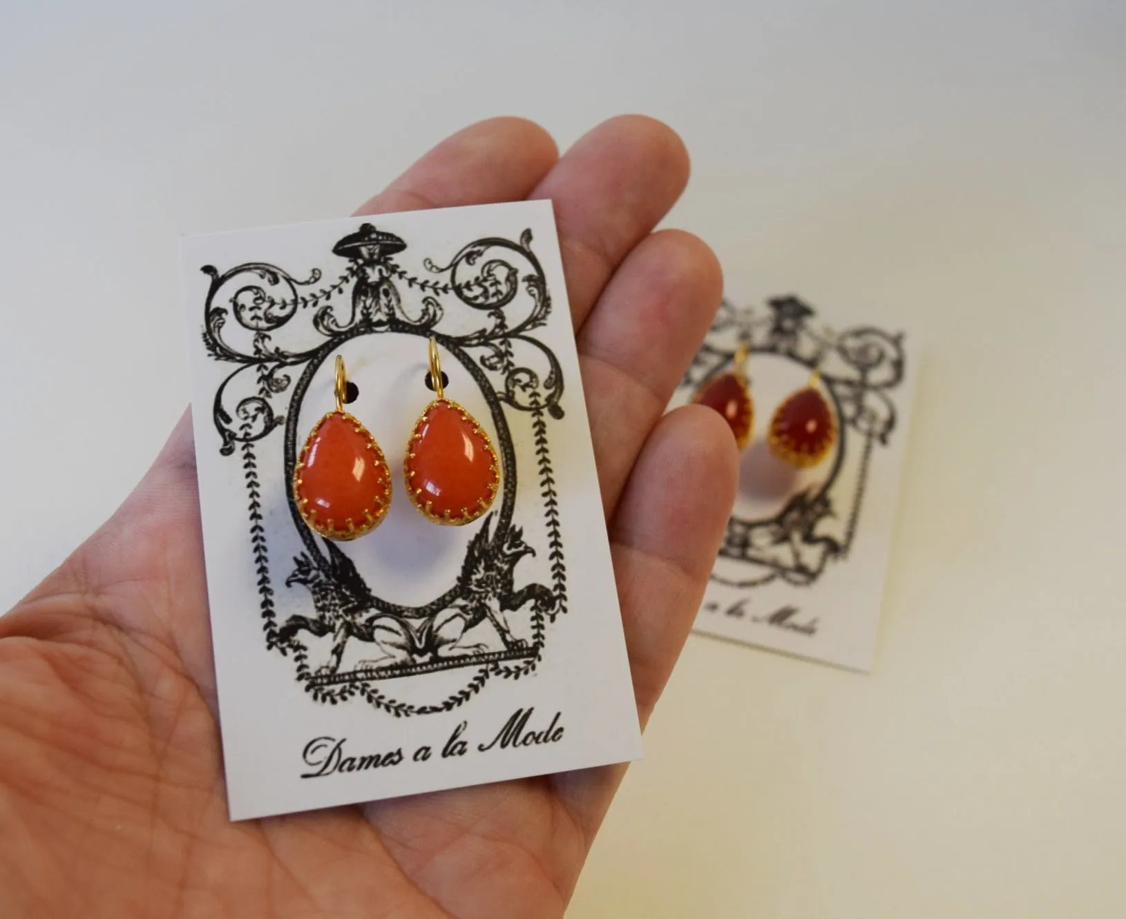 Coral or Carnelian Teardop Crown Earrings - Medium Teardrop