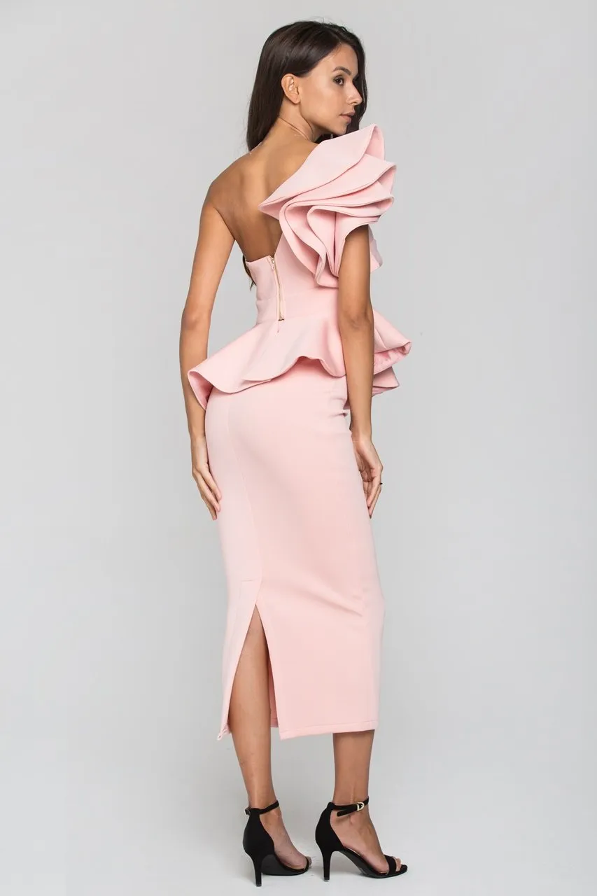 Coral Pink One Shoulder Ruffle Neoprene Midi Dress