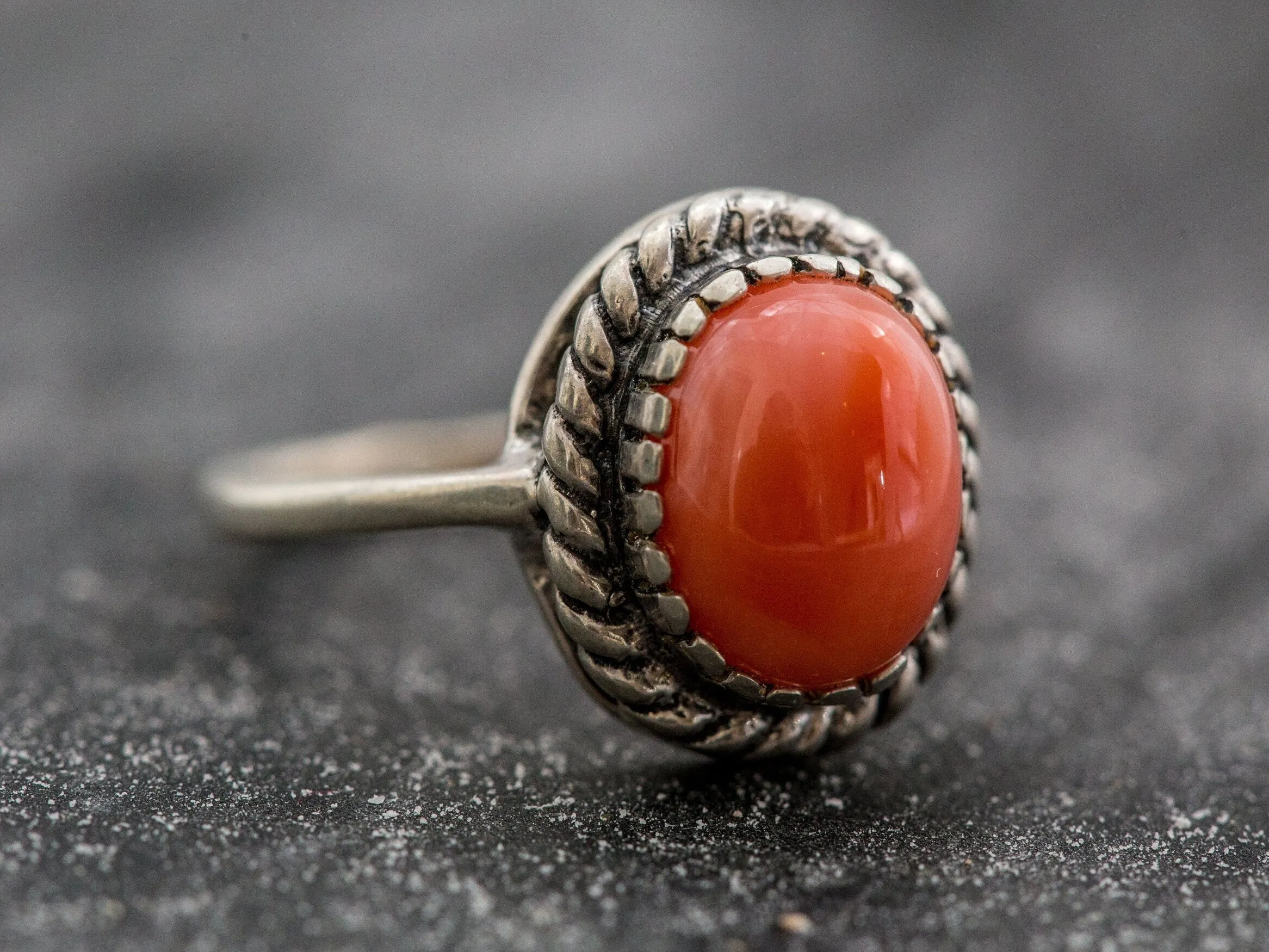 Coral Ring - Orange Solitaire Ring - Oval Coral Ring