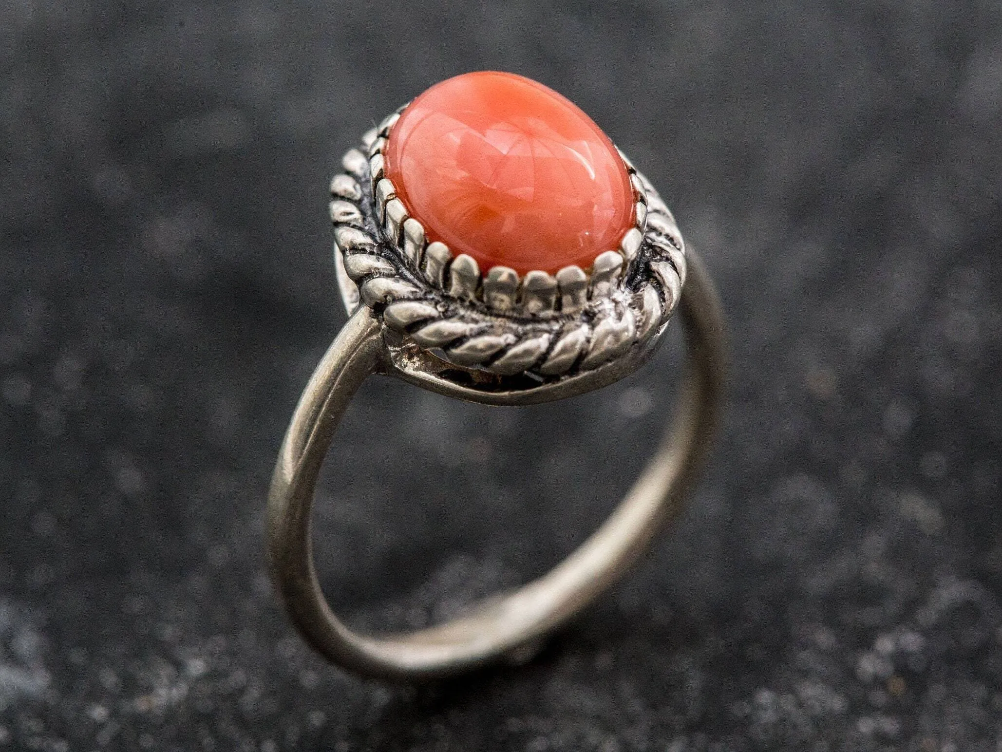 Coral Ring - Orange Solitaire Ring - Oval Coral Ring