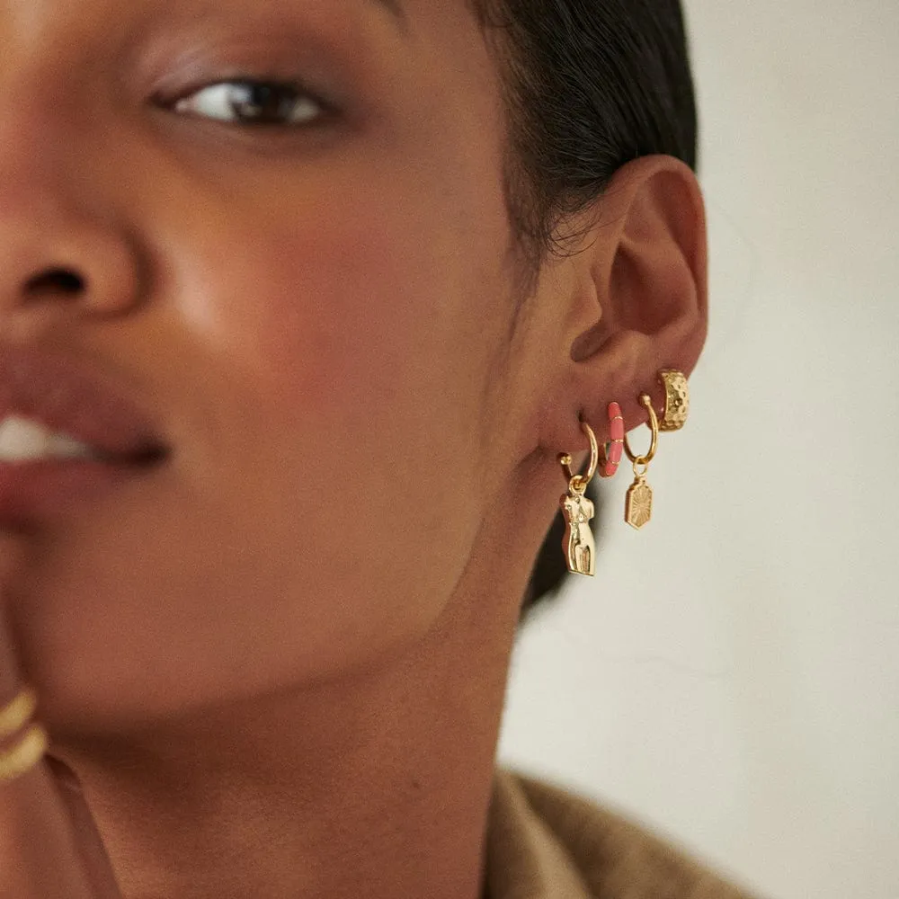 Coral Stripe Huggie Hoop Earrings 18ct Gold Plate