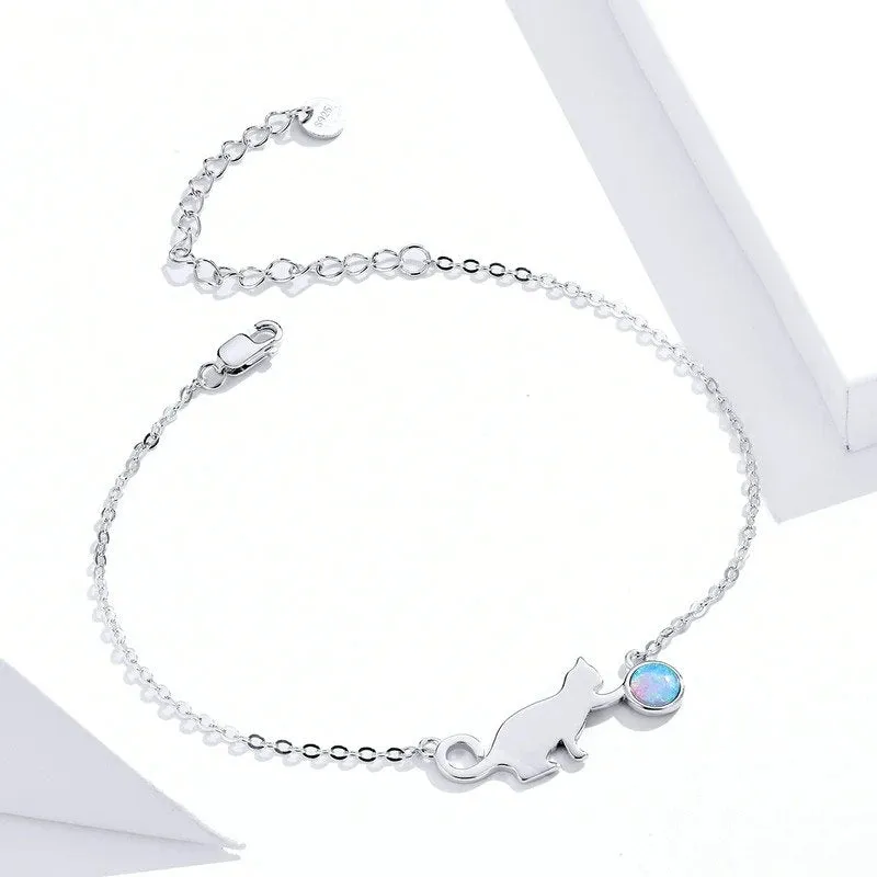 Cute Pussy Cat Opal Link Bracelet for Women