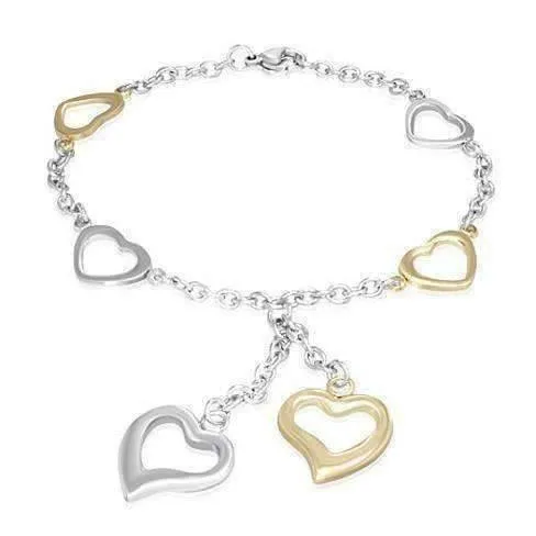 Dangling Hearts Two Tone Stainless Steel Bracelet