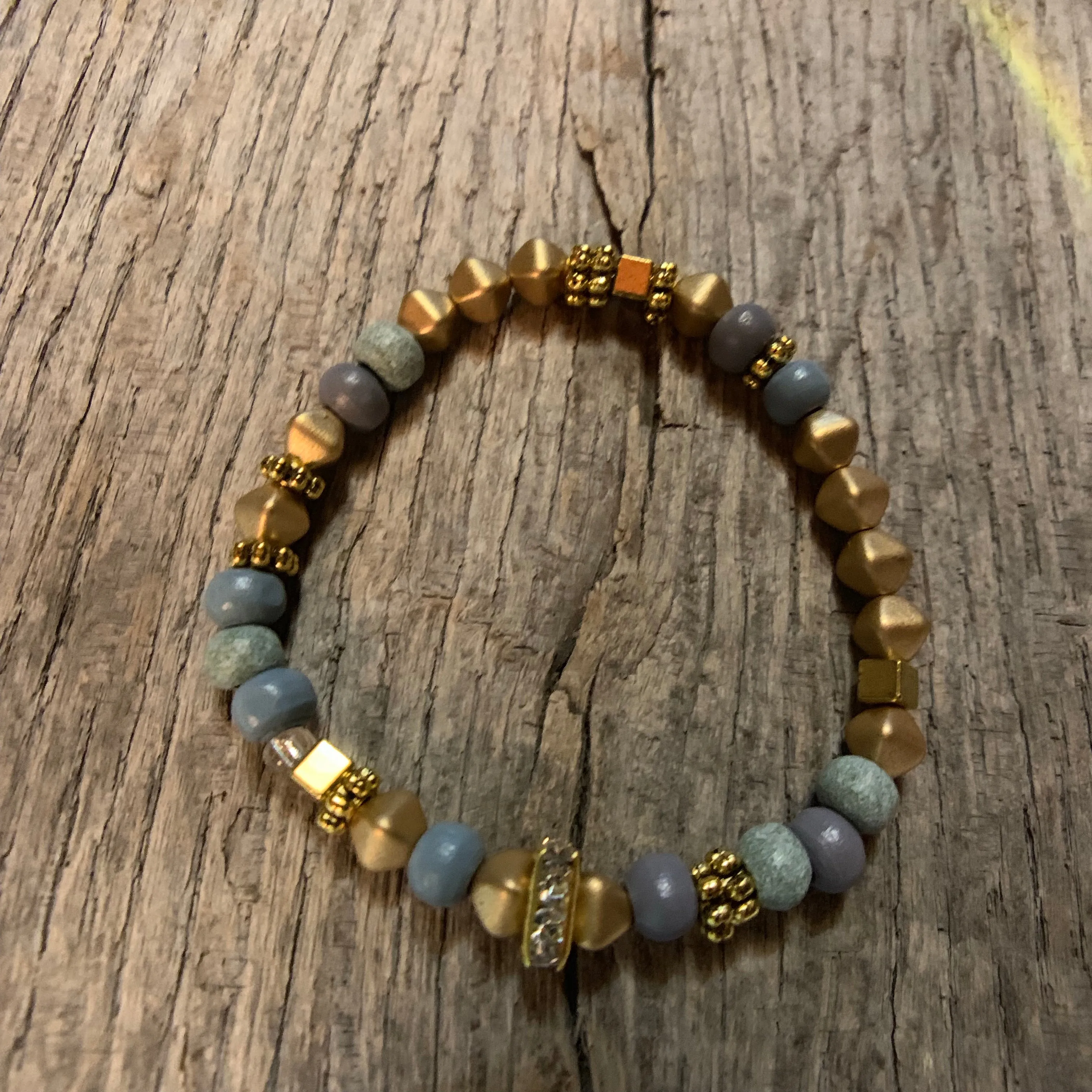 Delicate Gold Metal & Iris Wooden Beaded Bracelet