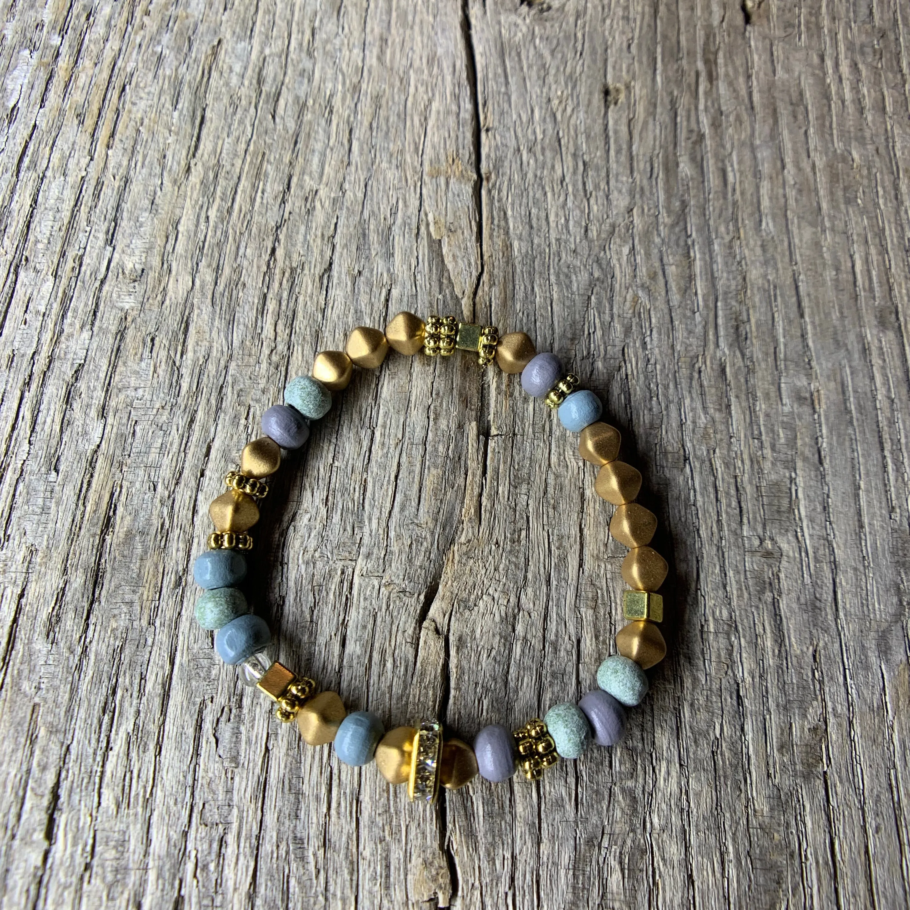 Delicate Gold Metal & Iris Wooden Beaded Bracelet