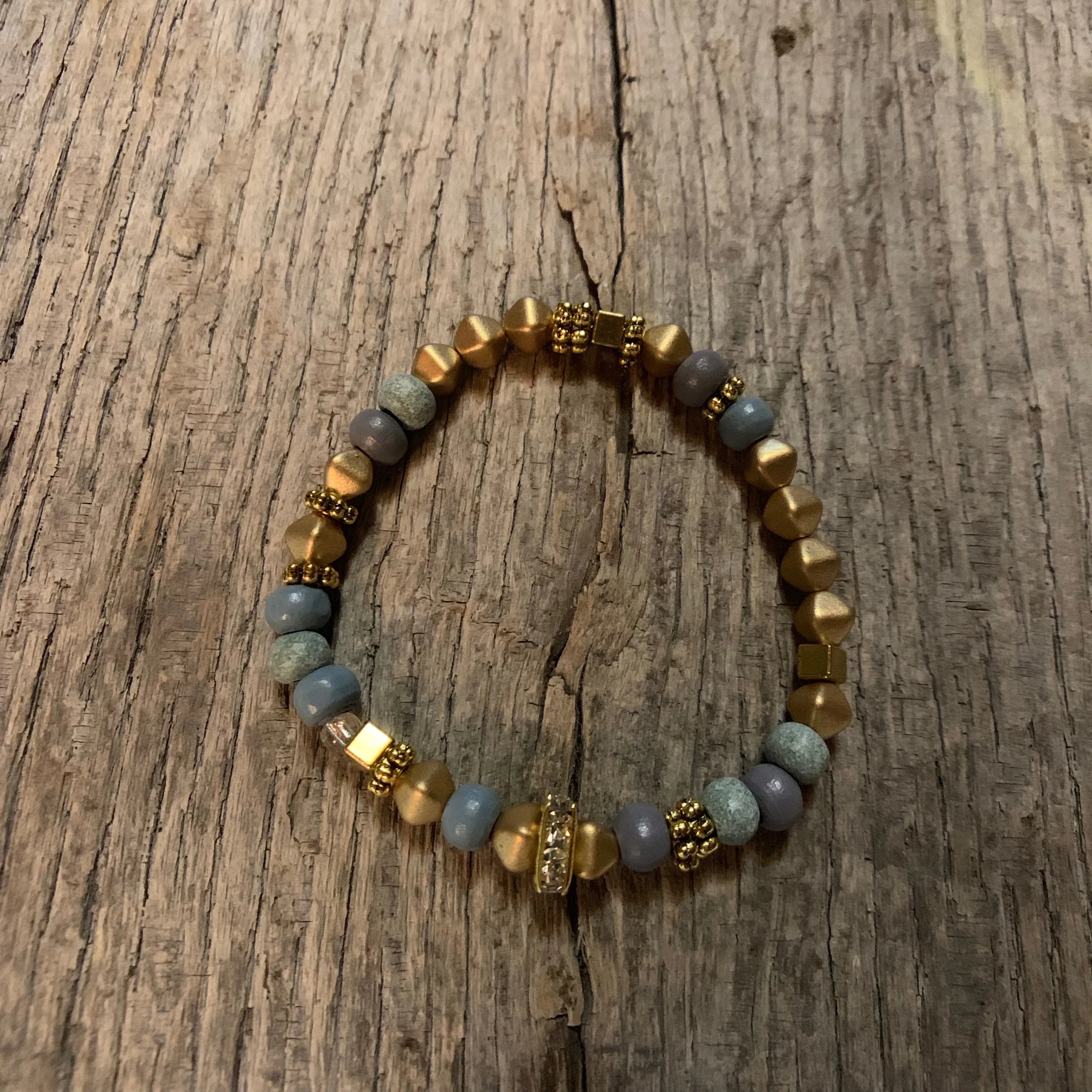 Delicate Gold Metal & Iris Wooden Beaded Bracelet