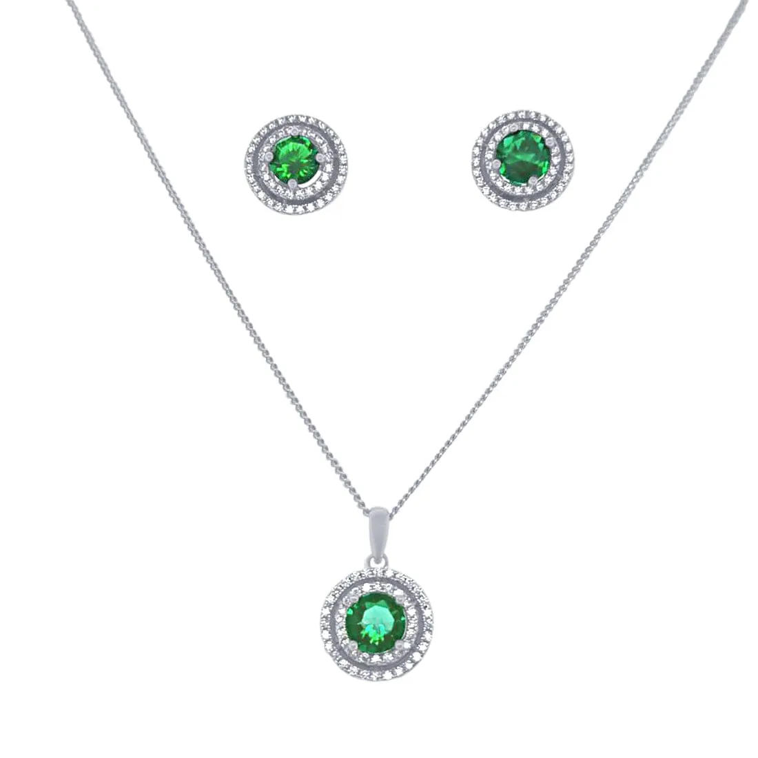 Double Halo Synthetic Green Opal Necklace and Stud Earrings Set