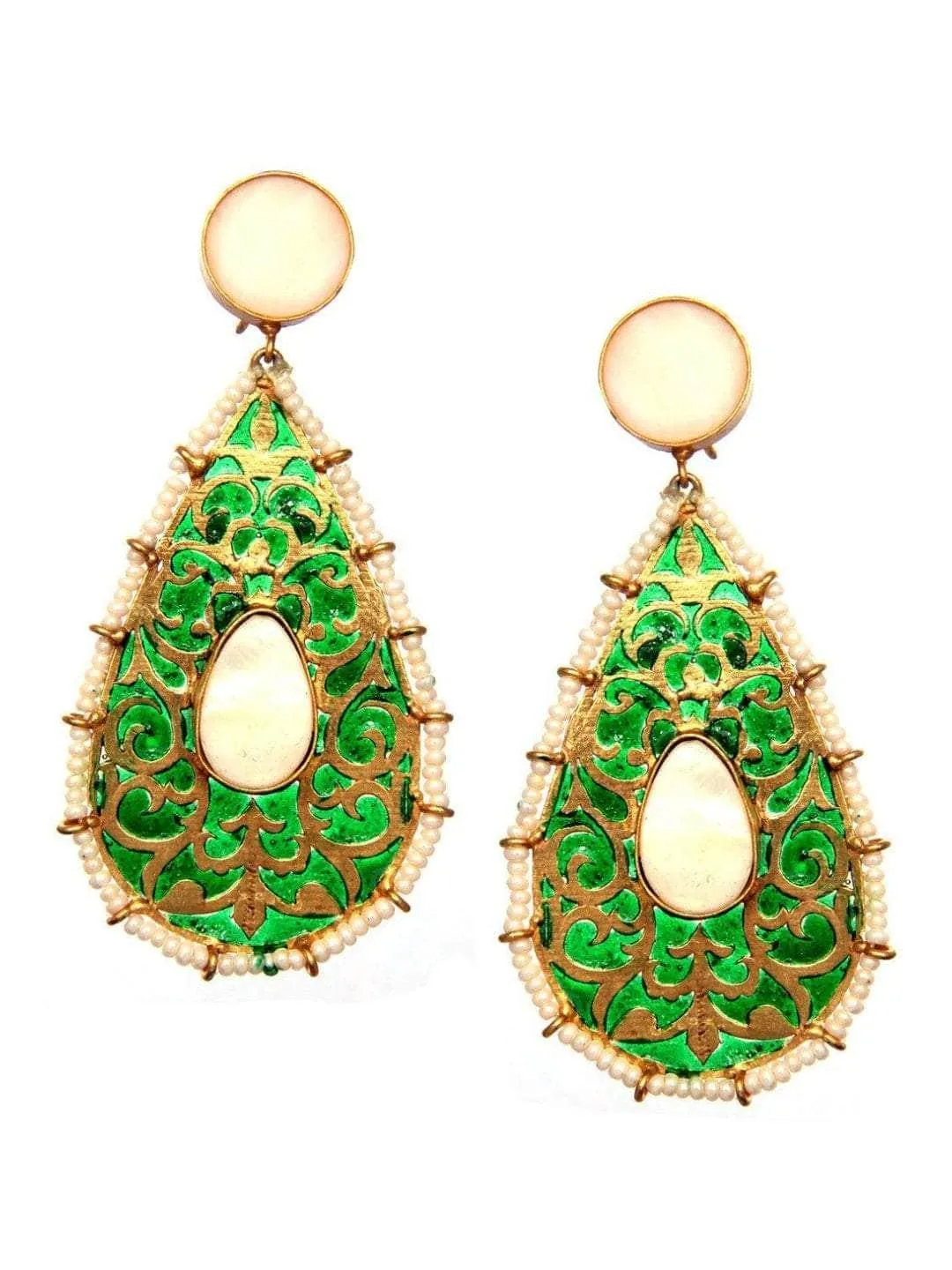 Drop Shaped Jali Earring Green