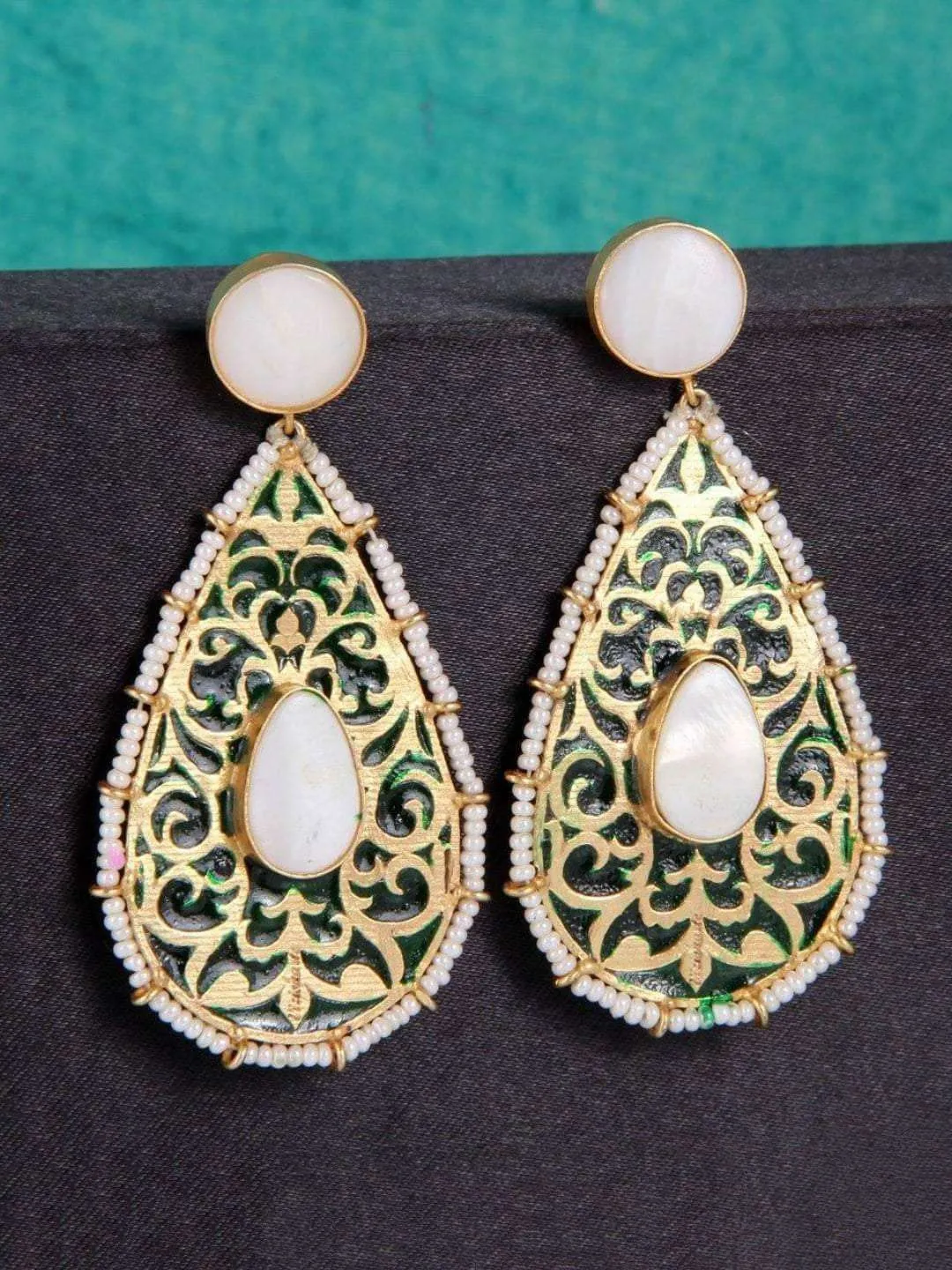 Drop Shaped Jali Earring Green