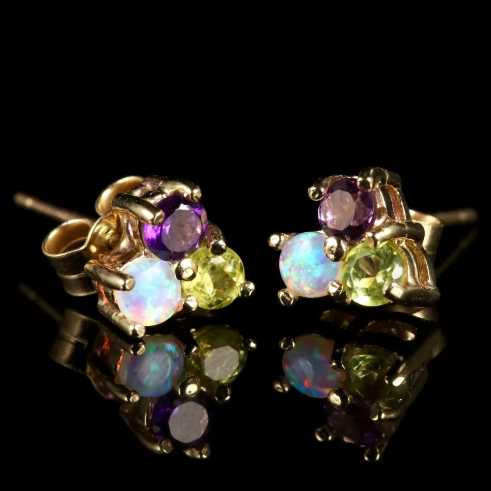 Edwardian Suffragette Style Amethyst Peridot Opal Stud Earrings 9ct Gold