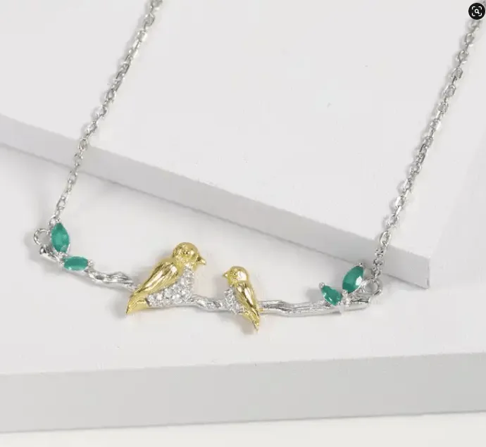 Elegant Bird Necklace w/Gemstone 925 Sterling Agate Silver Handcraft Necklace Sliver Gold Plated Collection