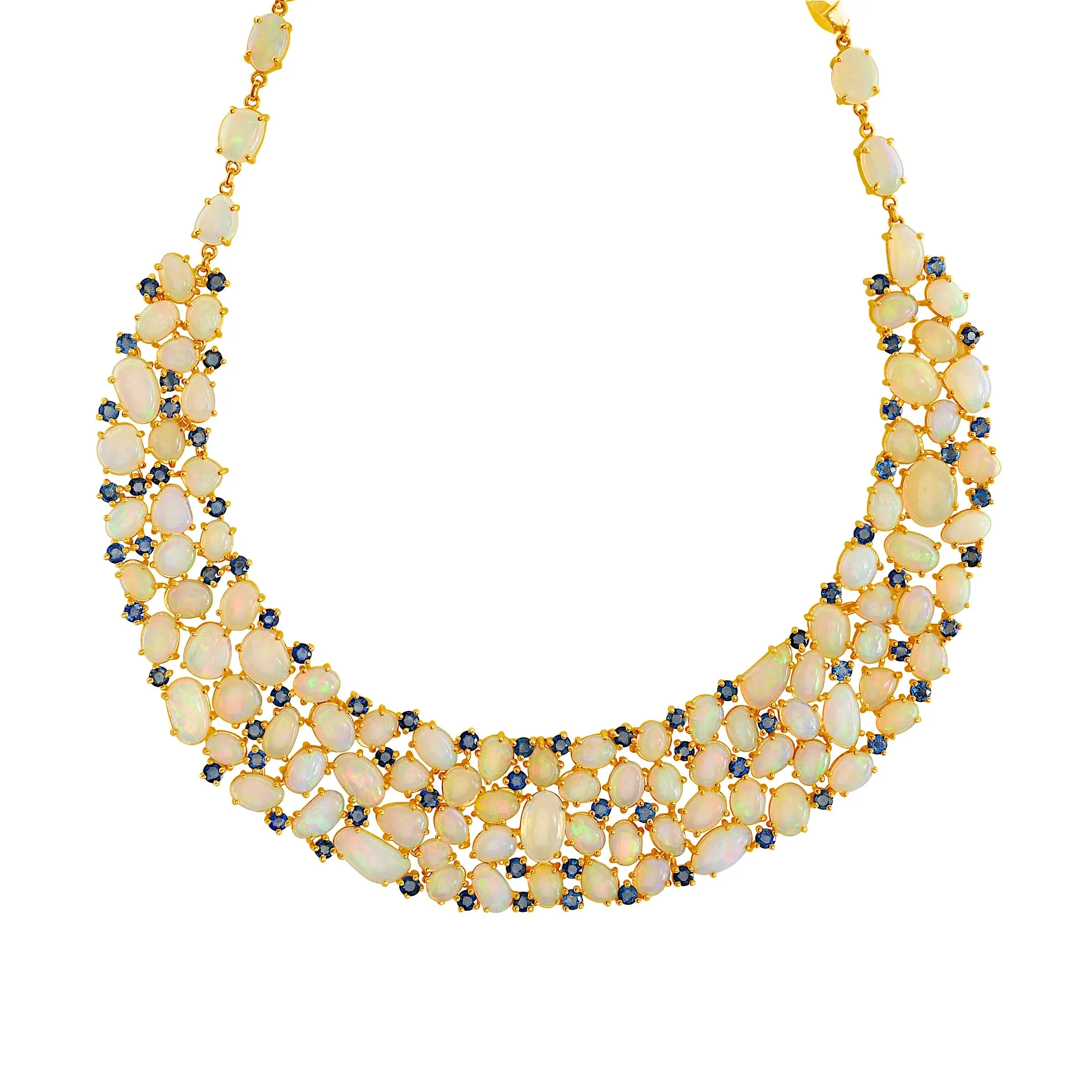 Ethiopian Opal & Blue Sapphire Necklace In 18K Yellow Gold