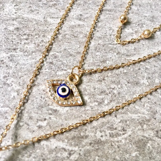 EVIL EYE OPAL STONE GOLD MULTI LAYER DAINTY CHOKER NECKLACE