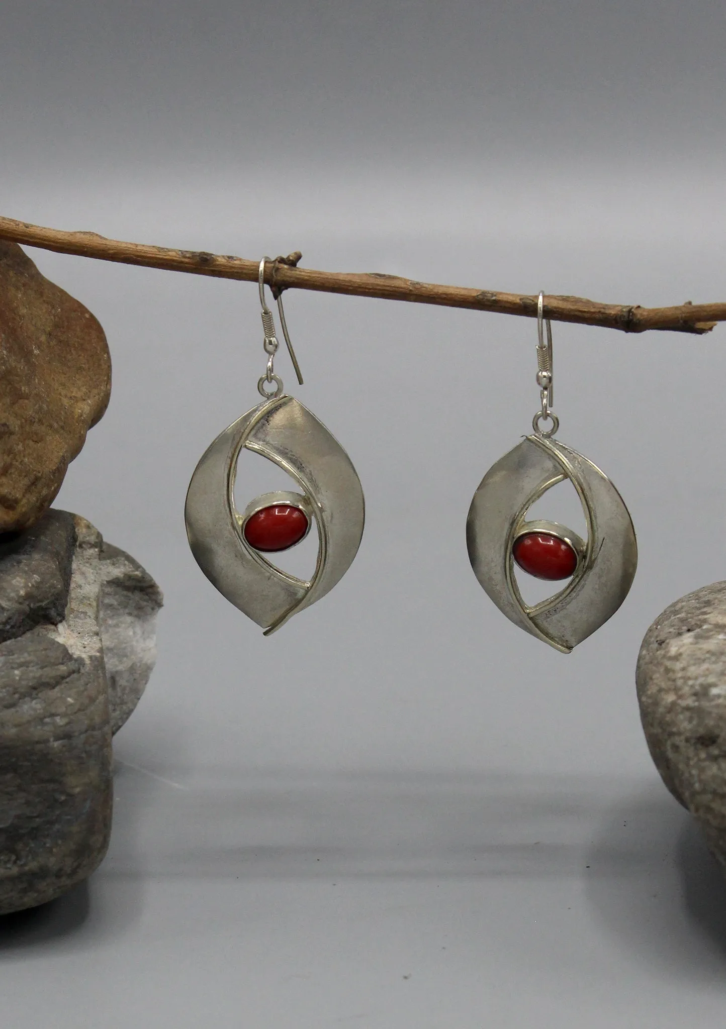 Evil Eyes Protection Coral Inlaid Silver Plated Earrings