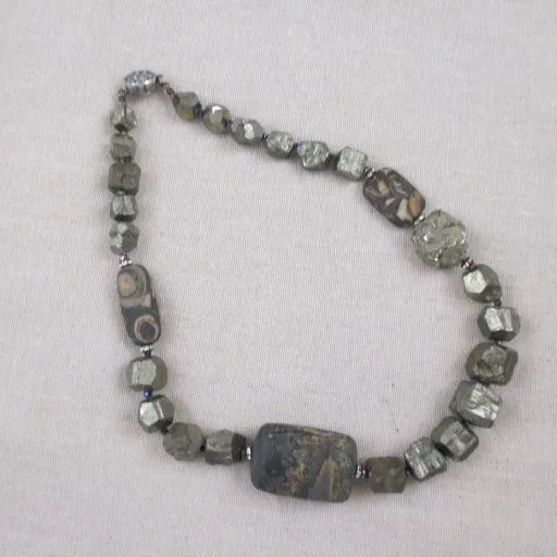 Exotic Gemstone Pyrite Necklace with  Picture Jasper Accents