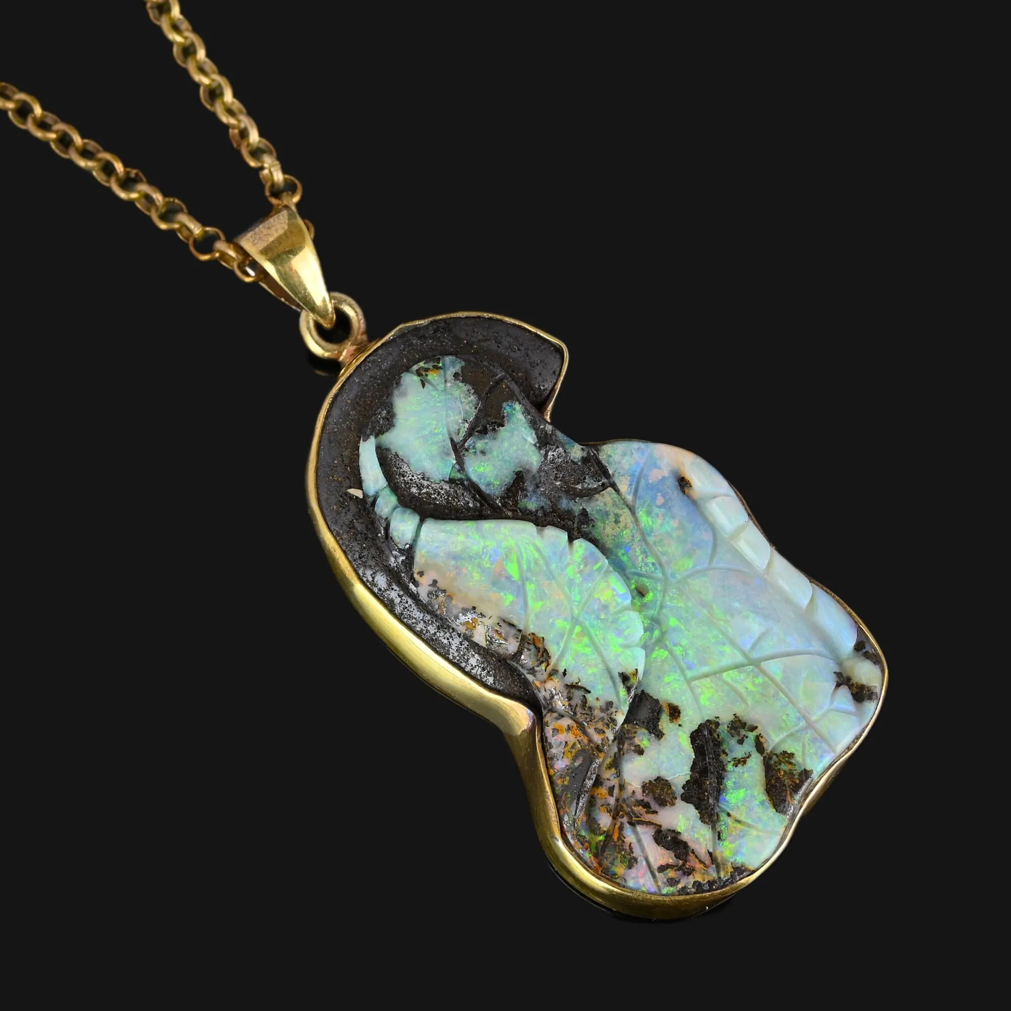 Extra Large Carved Leaf Boulder Opal Pendant Necklace