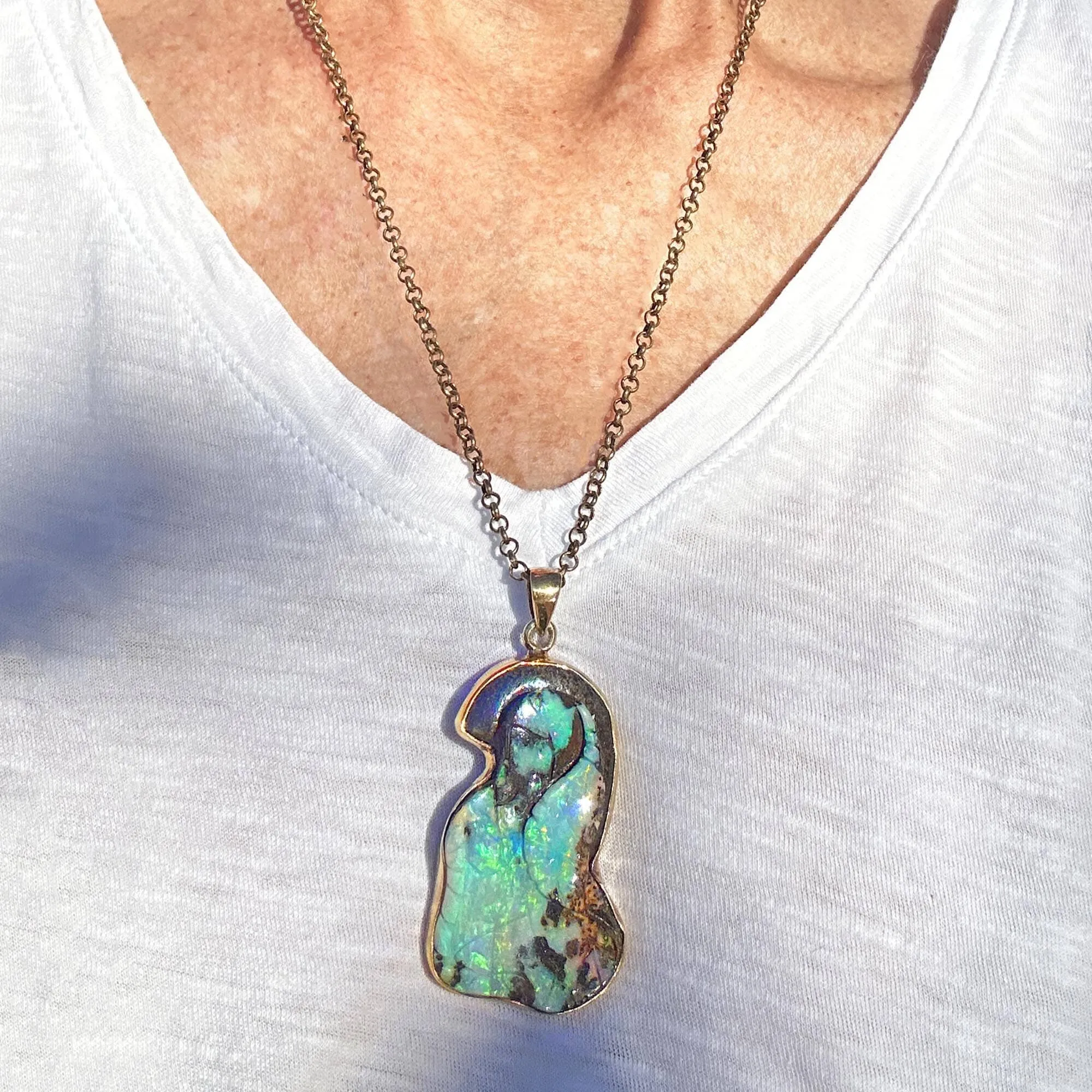 Extra Large Carved Leaf Boulder Opal Pendant Necklace