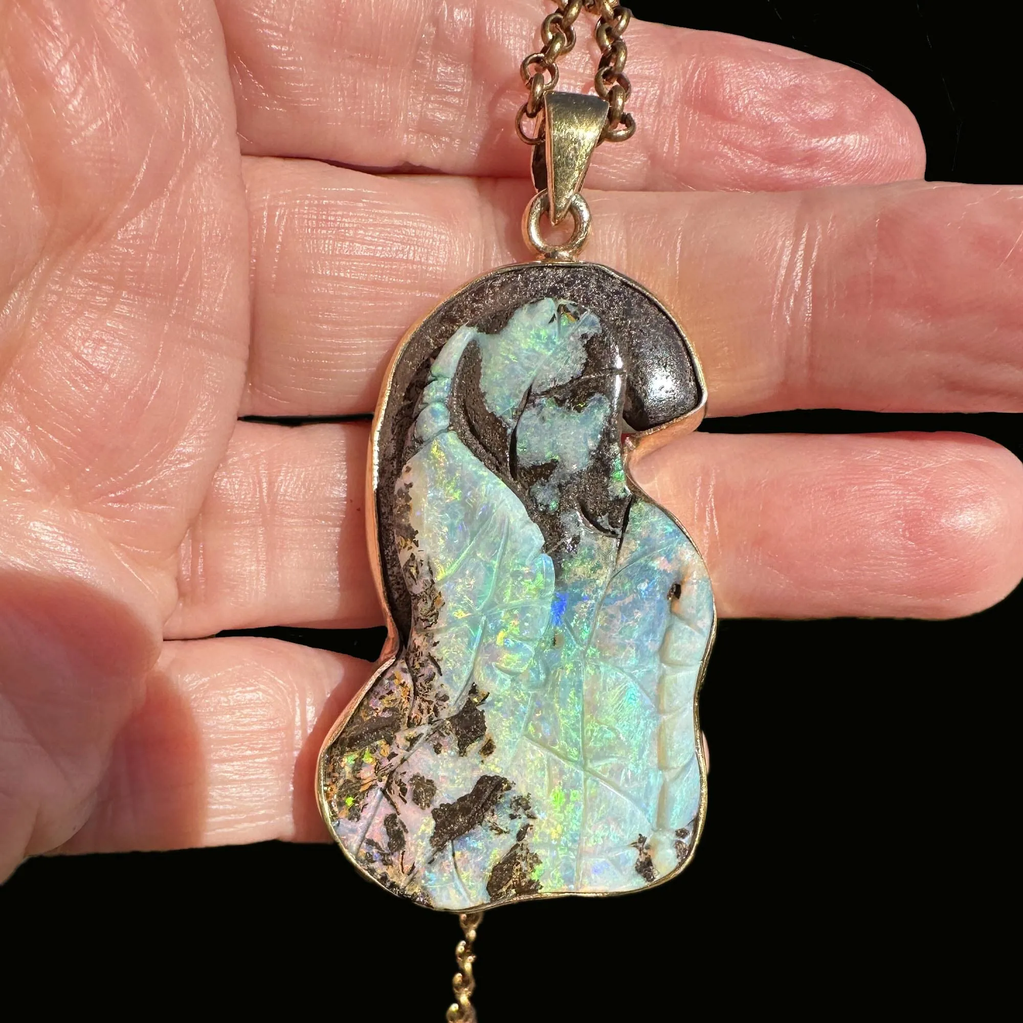 Extra Large Carved Leaf Boulder Opal Pendant Necklace