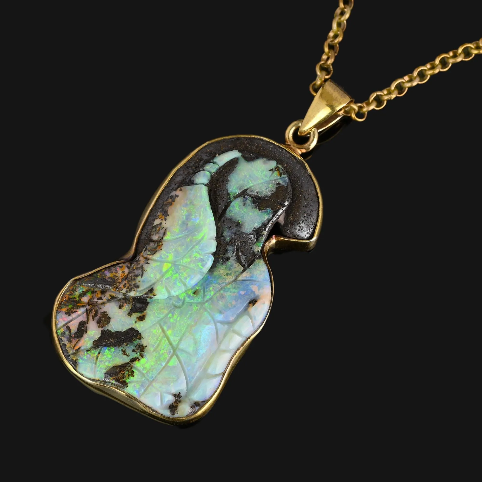 Extra Large Carved Leaf Boulder Opal Pendant Necklace