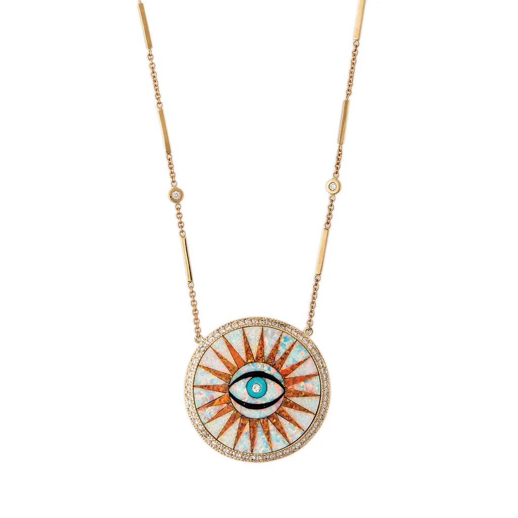 EYE BURST OPAL/ORANGE INLAY SMOOTH BAR DIAMOND NECKLACE