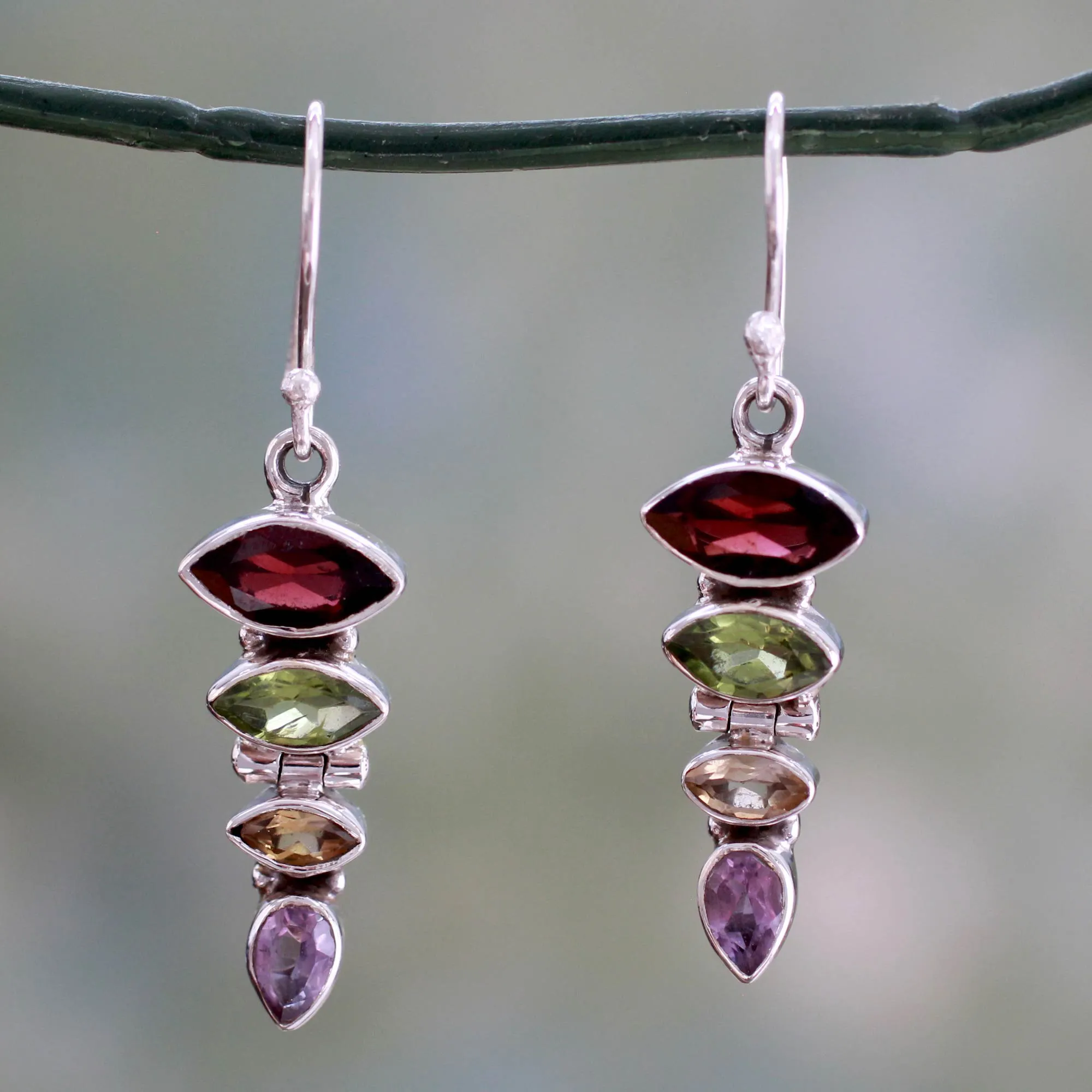 Fantastic Quartet Gemstone Dangle Earrings with Garnet and Peridot