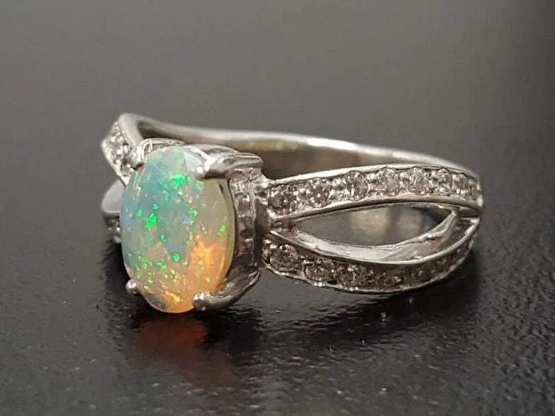 Fire Opal Ring - Vintage Opal Ring - Diamond Split Shank Band