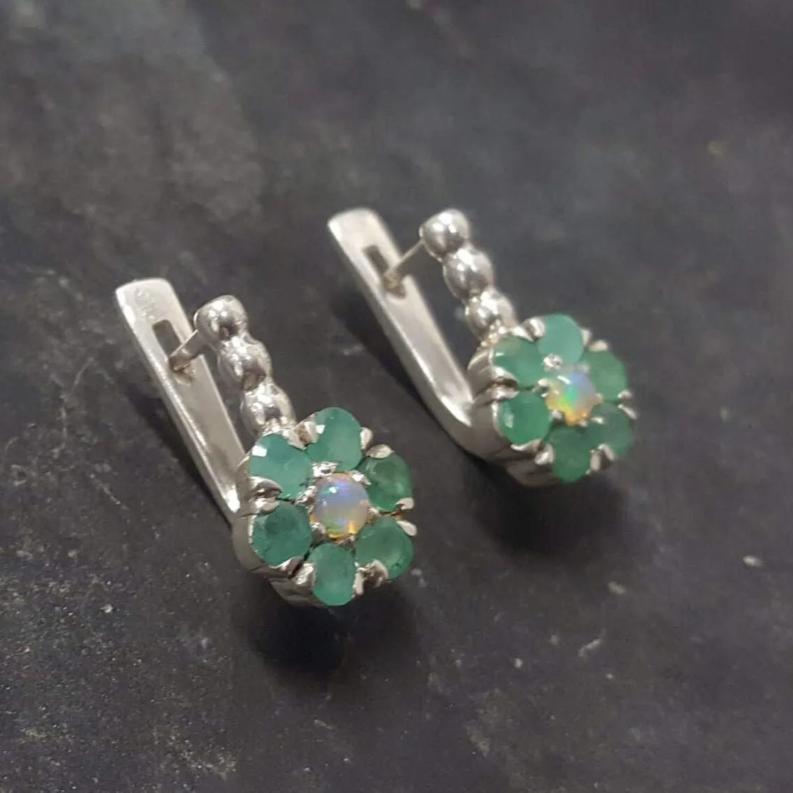 Flower Emerald Earrings - Green Drop Earrings - Vintage Floral Earrings