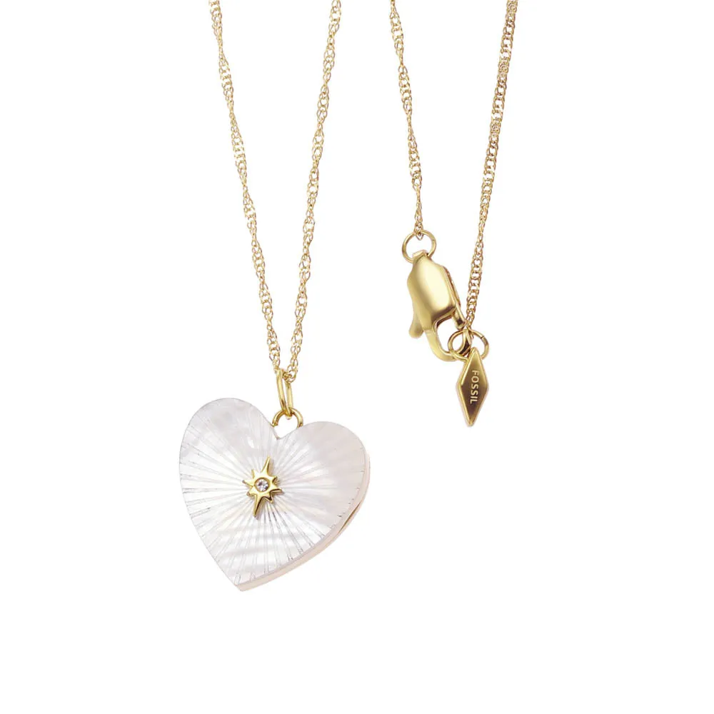 Fossil Yellow Gold Plated Stainless Steel White Mother Of Pearl Heart Locket Pendant On Chain