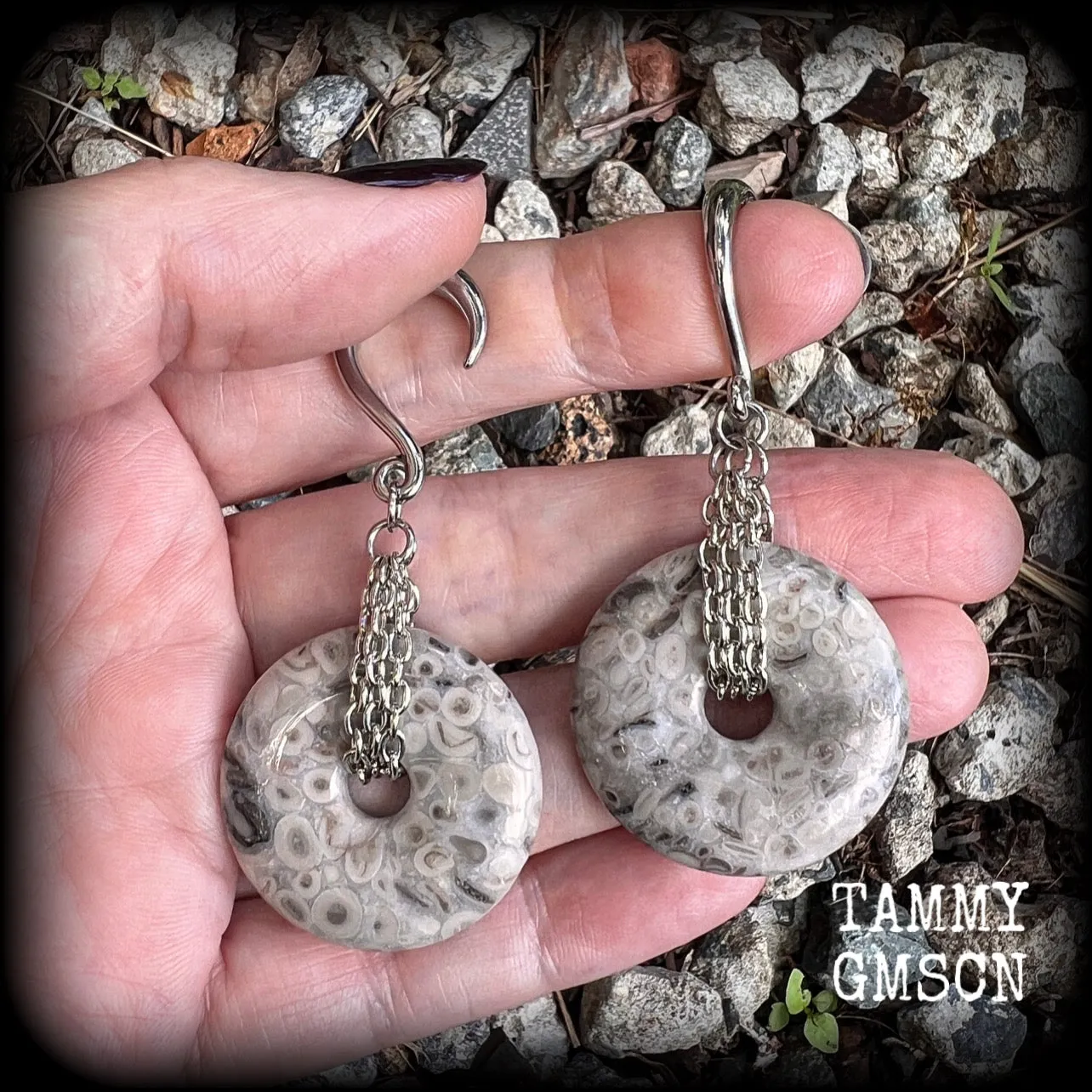 Fossilised coral jasper gauged earrings-Fossil ear gauges