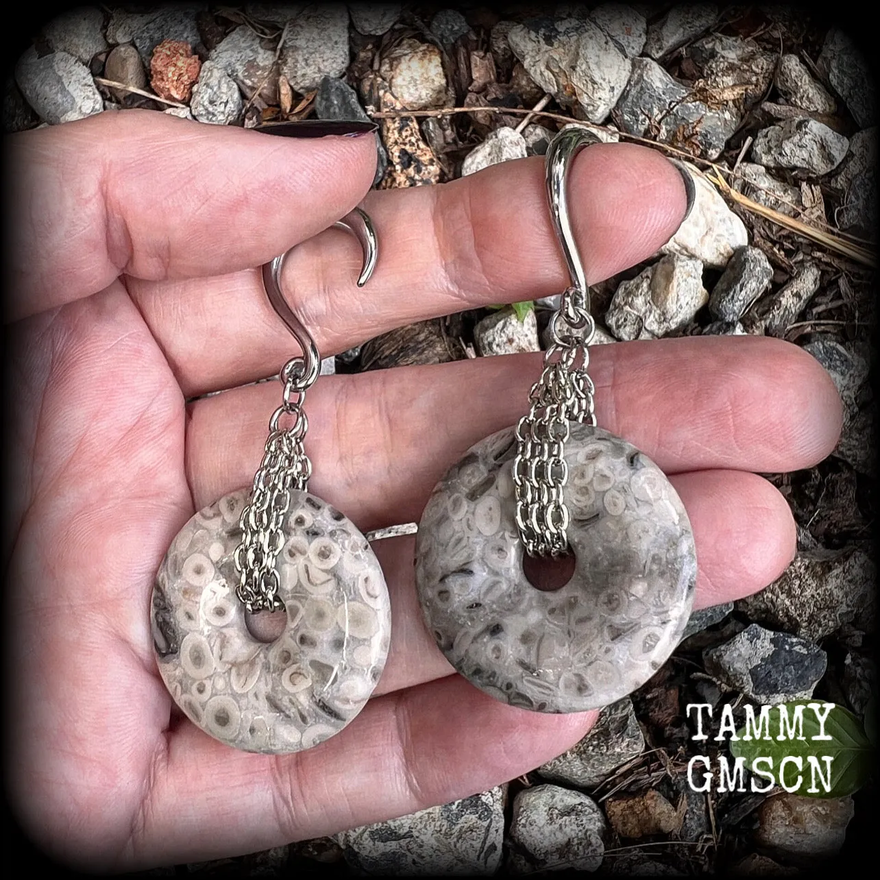 Fossilised coral jasper gauged earrings-Fossil ear gauges